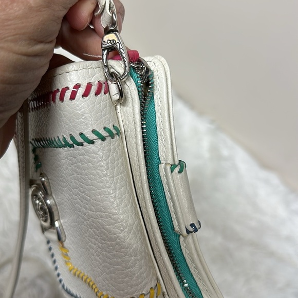 BRIGHTON CROSSBODY LEATHER WALLET W/ STRAP WHITE W/ BLUE RED YELLOW RIBBONS - Picture 8 of 14